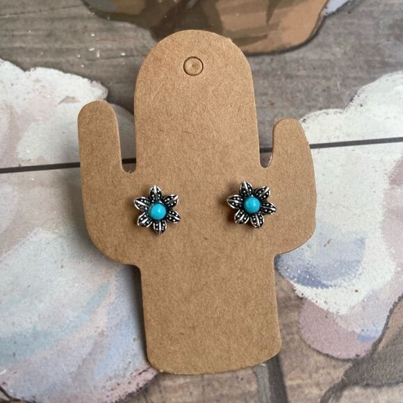 Flower Turquoise Stone Studs Post Earrings - Picture 2 of 5